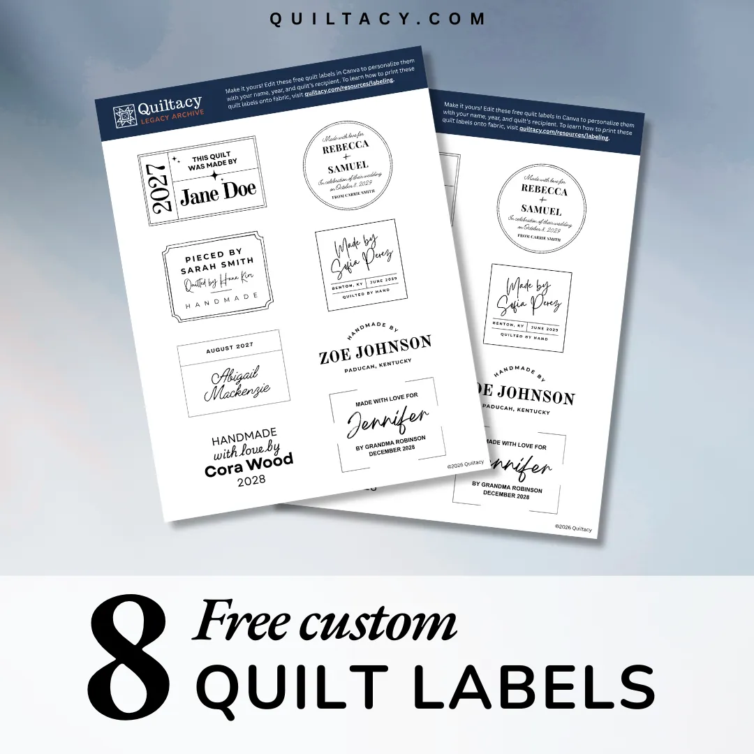A printed sheet of eight customizable Quiltacy quilt label designs
