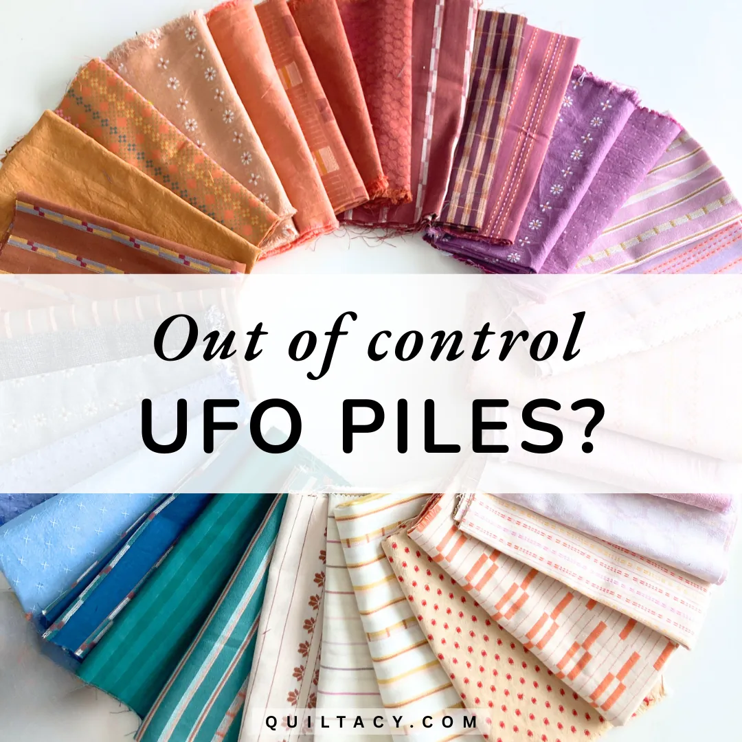 Quilting fabrics fanned out in a rainbow circle